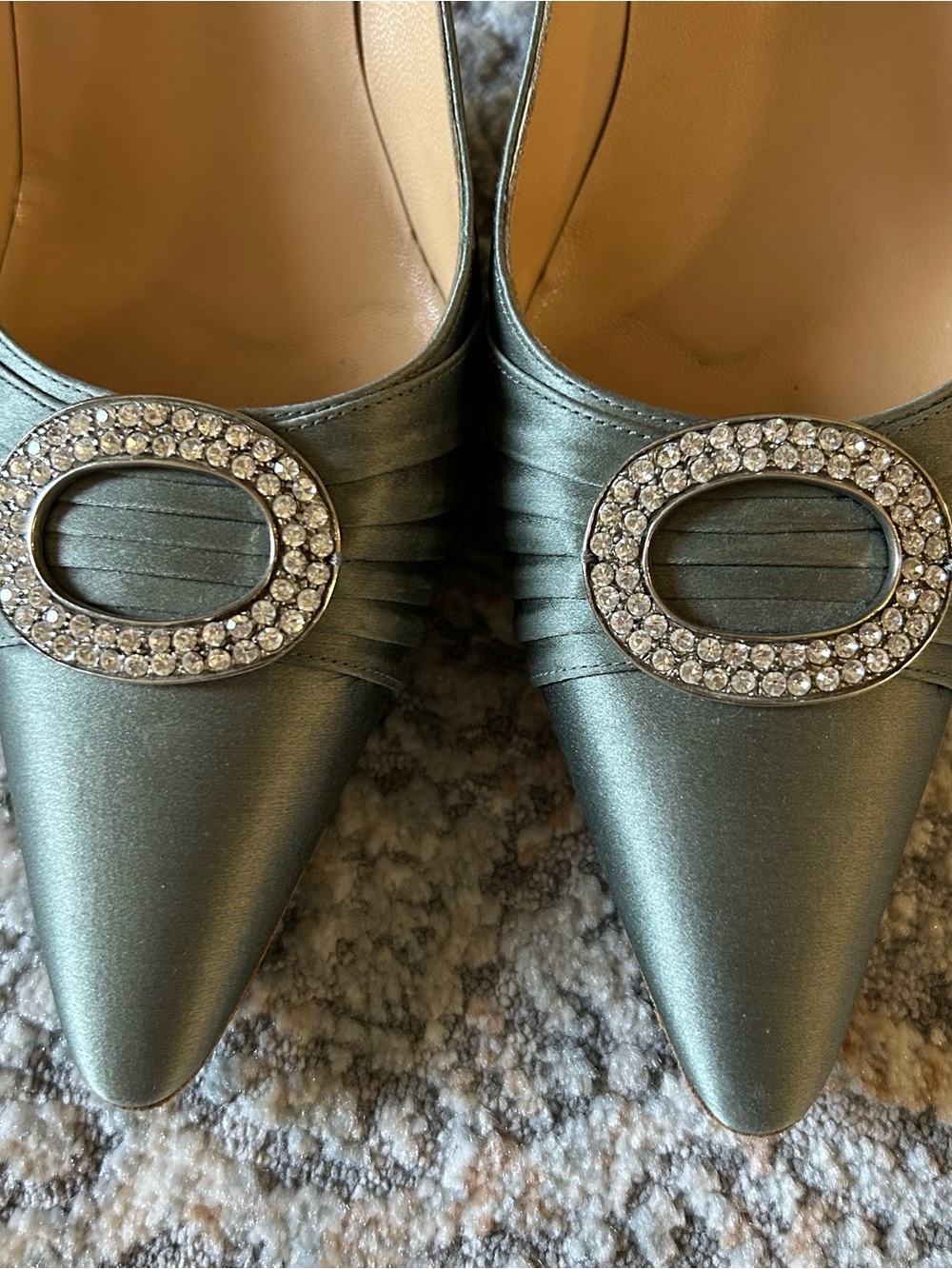 Manolo Blahnik Green Satin Pointed-Toe Pumps with Crystal Buckle - Picture 3 of 6